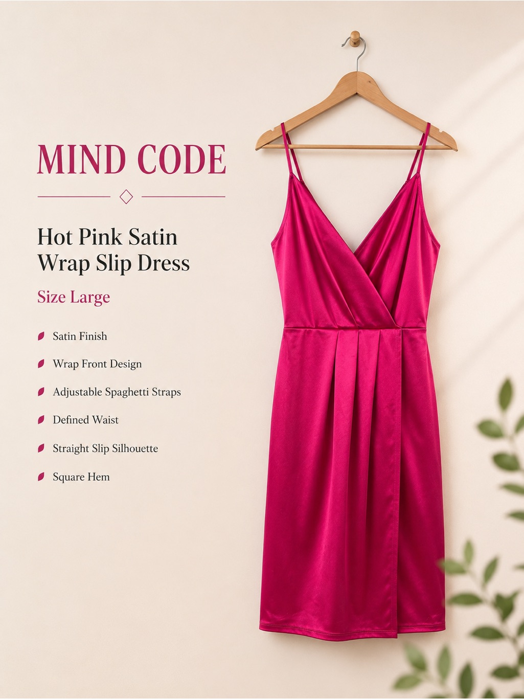 Mind Code Hot Pink Satin Wrap Slip Dress Going Out Date Night Glam Size Large